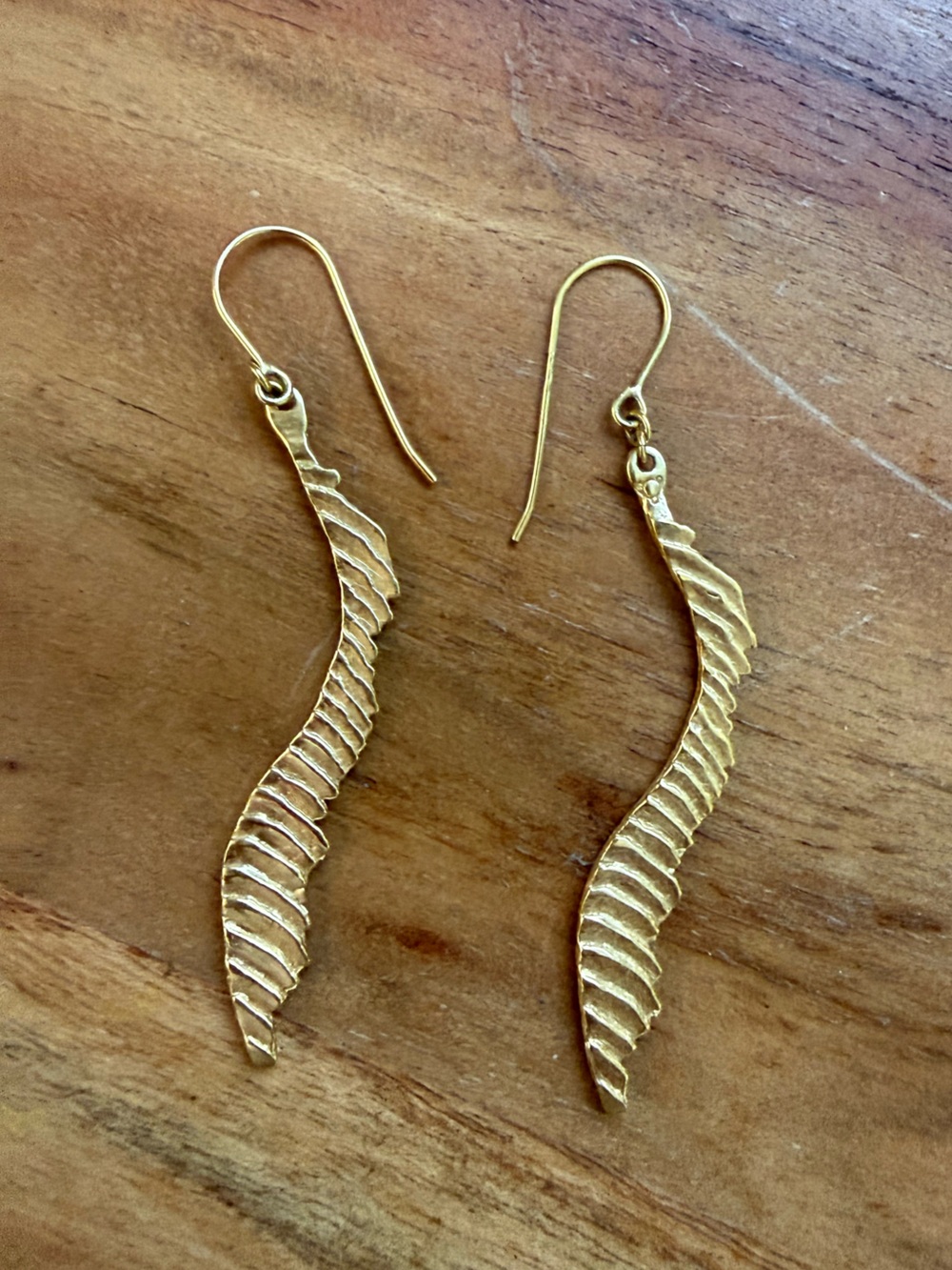 Gold Feather Leaf Dangle Earrings Textured Boho Nature